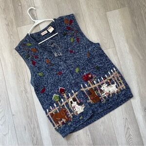 Bobbie Brooks Sweater Vest dogs embroidered womens Blue (size 14w 16w) vintage